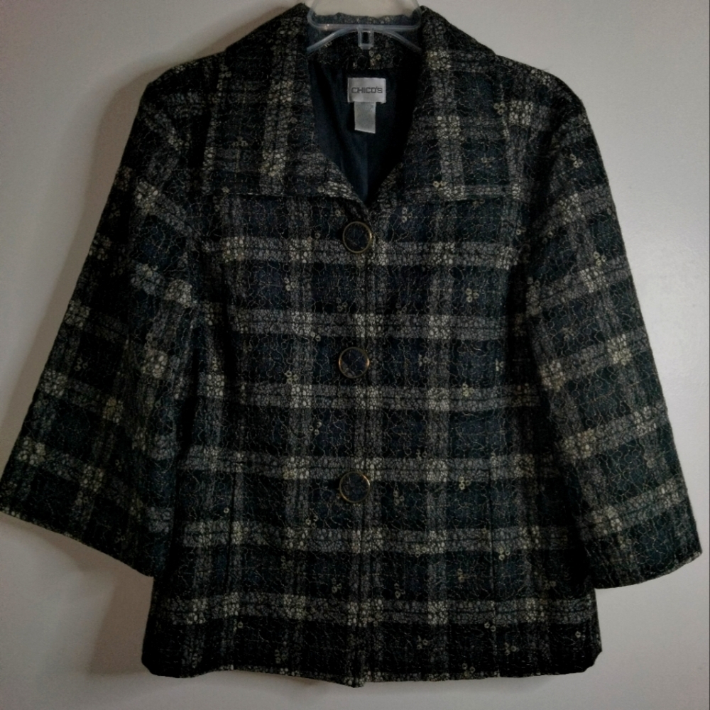 Chico's (Size 1/M/8) Black & Gold Button Glitzy Brocade Wide Cuff Sleeve Blazer